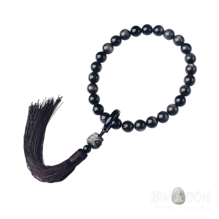 BWOOOH Silver Sheen Obsidian Lion Wrist Mala, polished beads (12-16mm), carved lion, tassels. Offers energetic protection, also a pocket mala or car decoration. - View 6