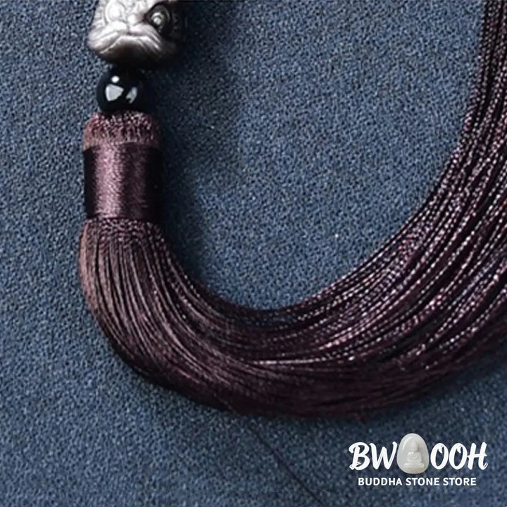 BWOOOH Silver Sheen Obsidian Lion Wrist Mala, polished beads (12-16mm), carved lion, tassels. Offers energetic protection, also a pocket mala or car decoration. - View 5