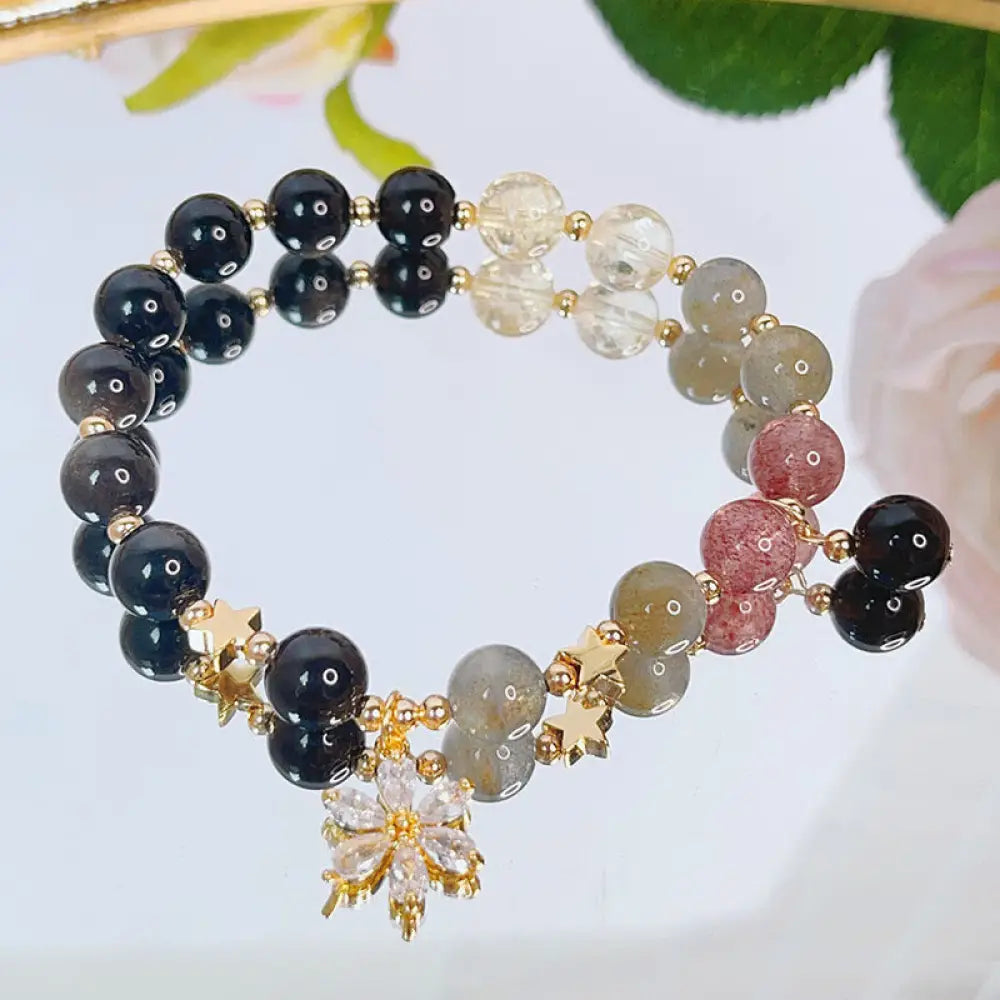 Buddha Stones Natural Silver Sheen Obsidian Love Heart Star Flower Protection Bracelet - BWOOOH - Silver Sheen