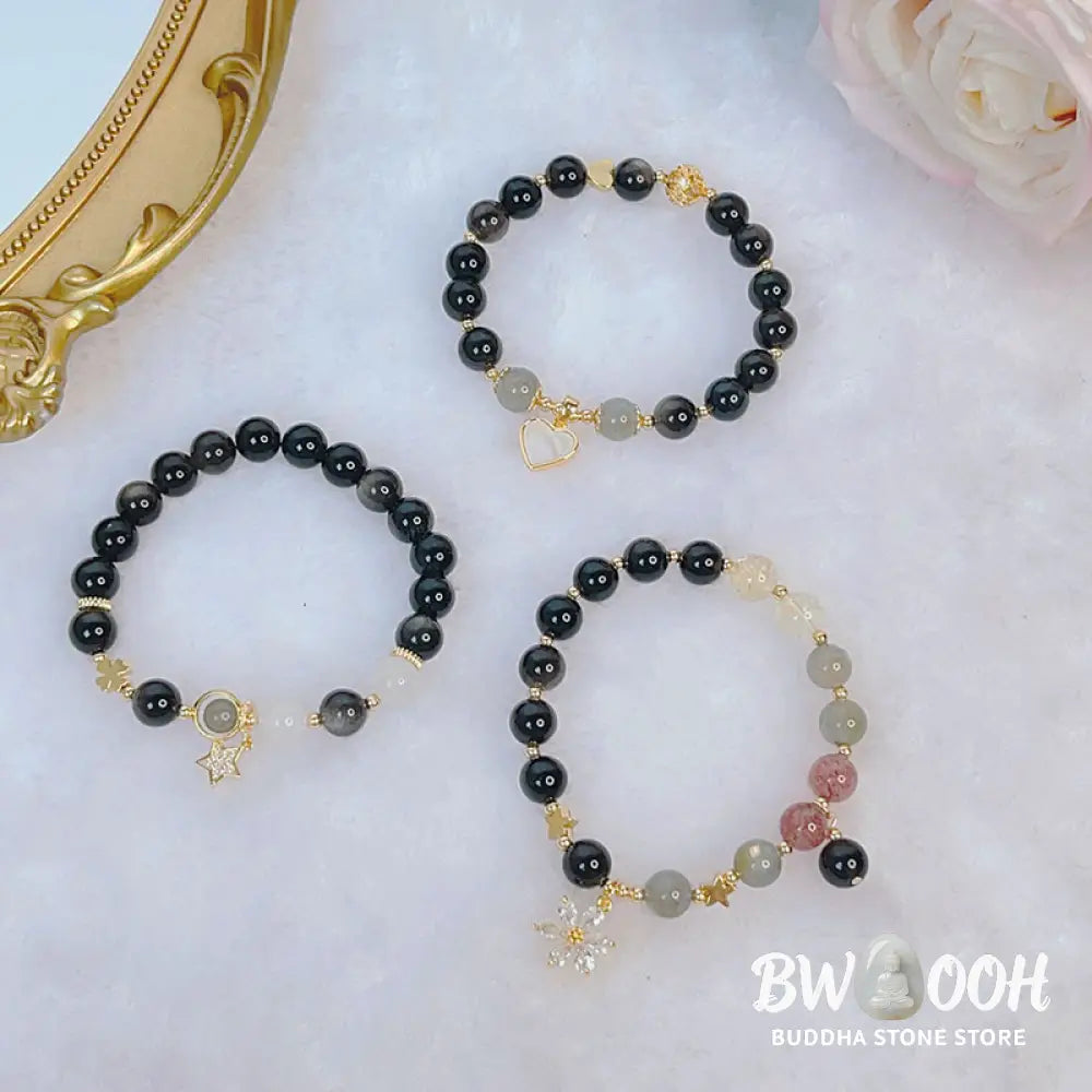 Buddha Stones Natural Silver Sheen Obsidian Love Heart Star Flower Protection Bracelet - BWOOOH - Bracelet