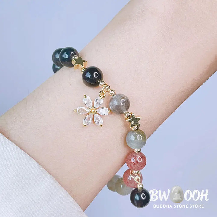 Buddha Stones Natural Silver Sheen Obsidian Love Heart Star Flower Protection Bracelet - BWOOOH - Bracelet