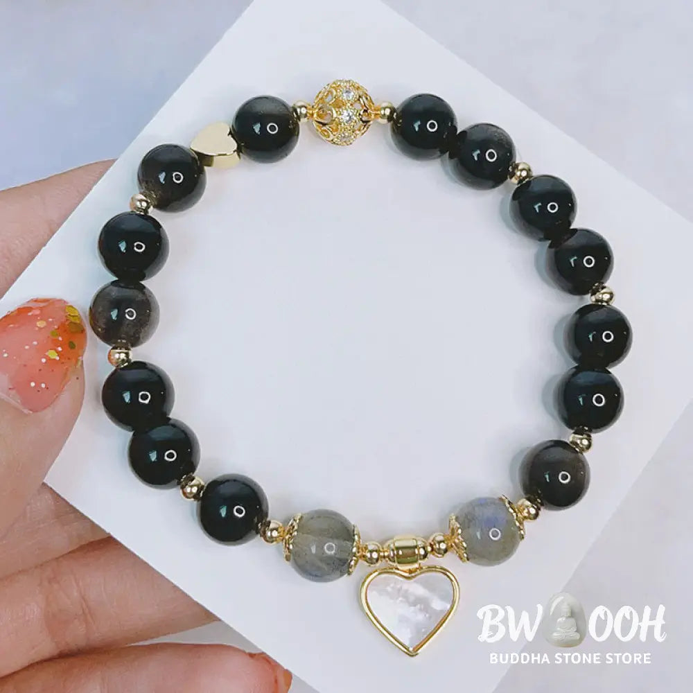 Buddha Stones Natural Silver Sheen Obsidian Love Heart Star Flower Protection Bracelet - BWOOOH - Bracelet