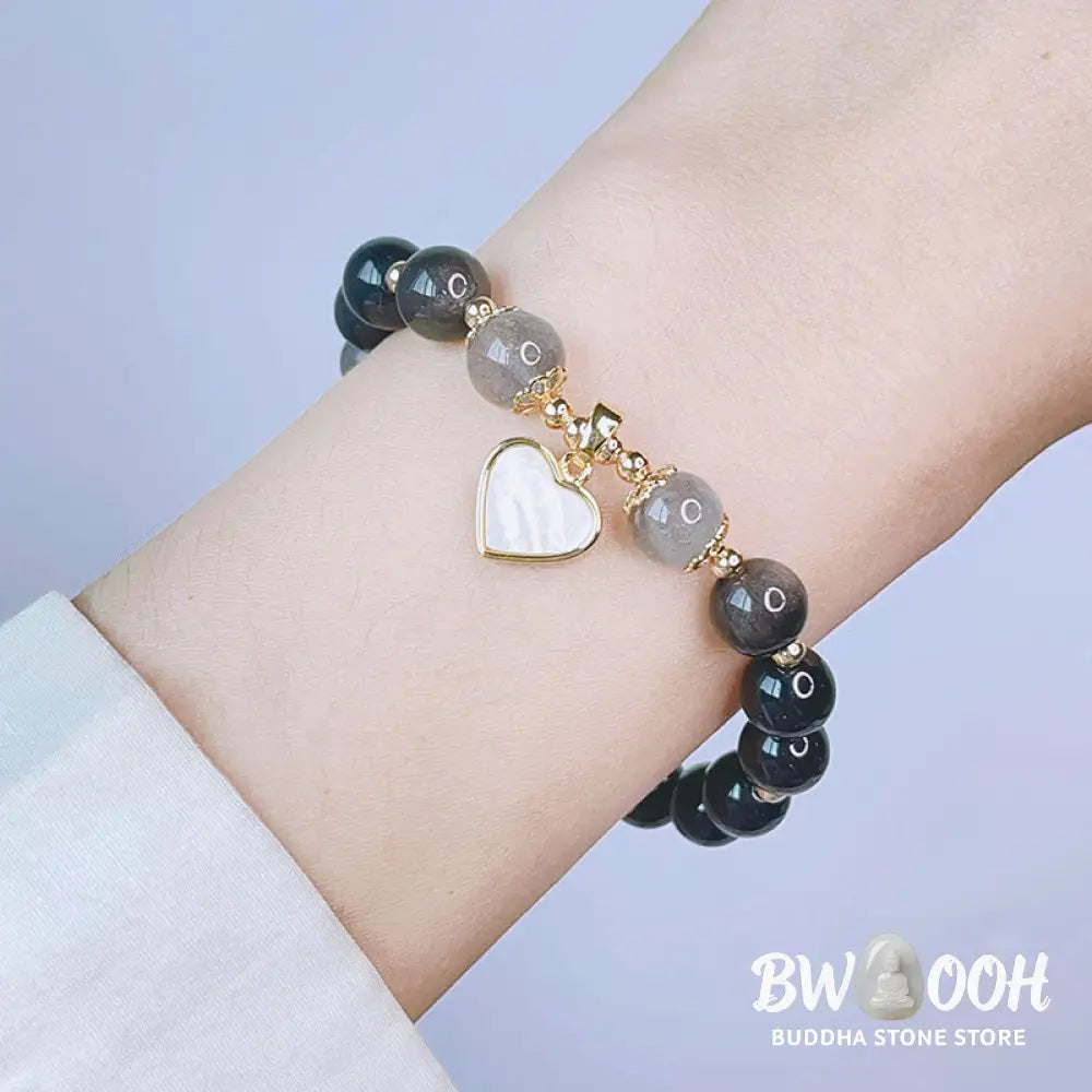 Buddha Stones Natural Silver Sheen Obsidian Love Heart Star Flower Protection Bracelet - BWOOOH - Bracelet