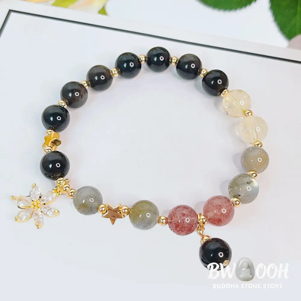 Buddha Stones Natural Silver Sheen Obsidian Love Heart Star Flower Protection Bracelet - BWOOOH - Bracelet