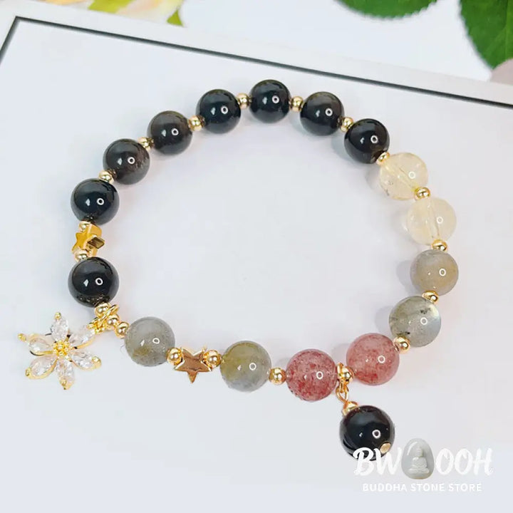 Buddha Stones Natural Silver Sheen Obsidian Love Heart Star Flower Protection Bracelet - BWOOOH - Bracelet