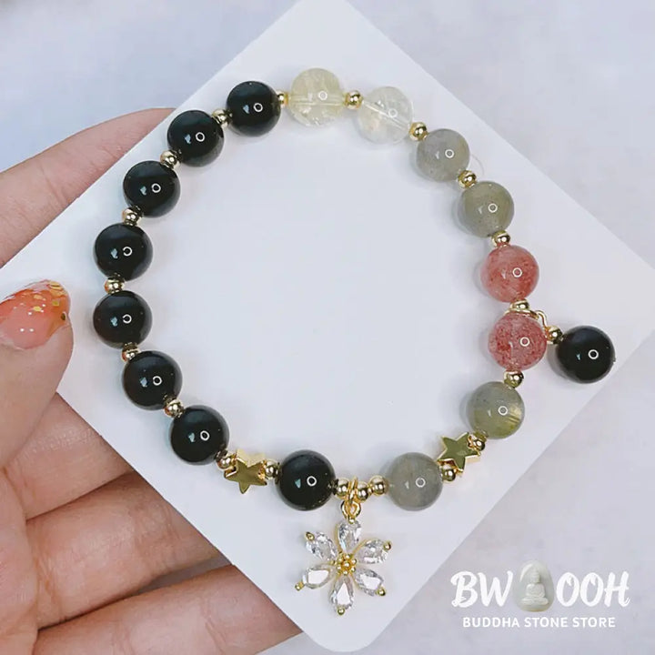 Buddha Stones Natural Silver Sheen Obsidian Love Heart Star Flower Protection Bracelet - BWOOOH - Bracelet