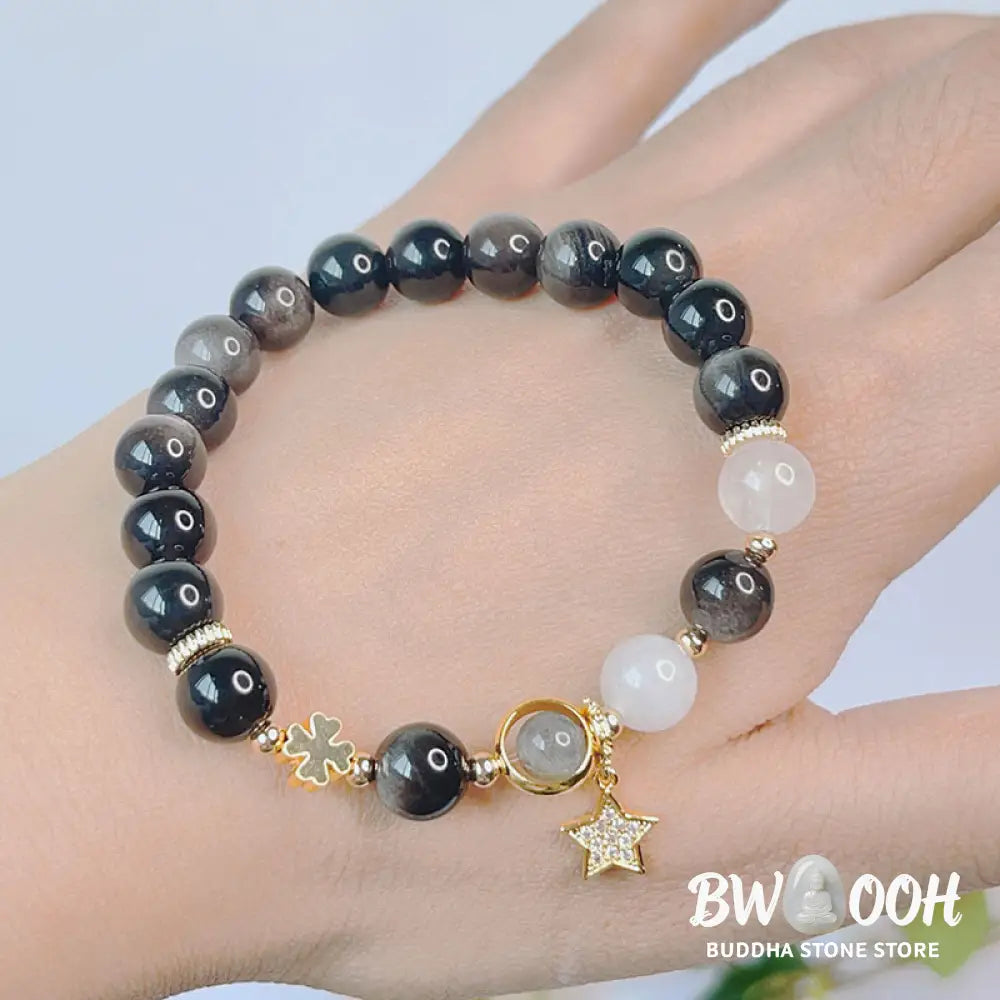 Buddha Stones Natural Silver Sheen Obsidian Love Heart Star Flower Protection Bracelet - BWOOOH - Bracelet