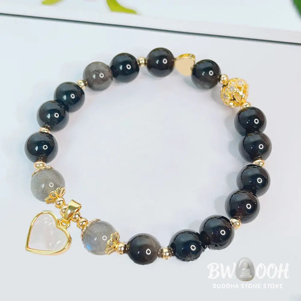 Buddha Stones Natural Silver Sheen Obsidian Love Heart Star Flower Protection Bracelet - BWOOOH - Bracelet