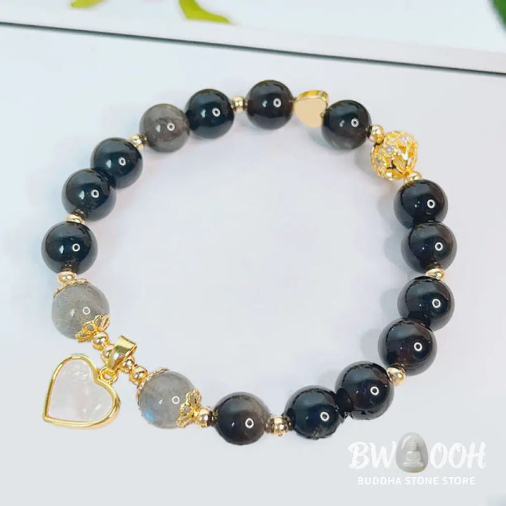 Buddha Stones Natural Silver Sheen Obsidian Love Heart Star Flower Protection Bracelet - BWOOOH - Bracelet
