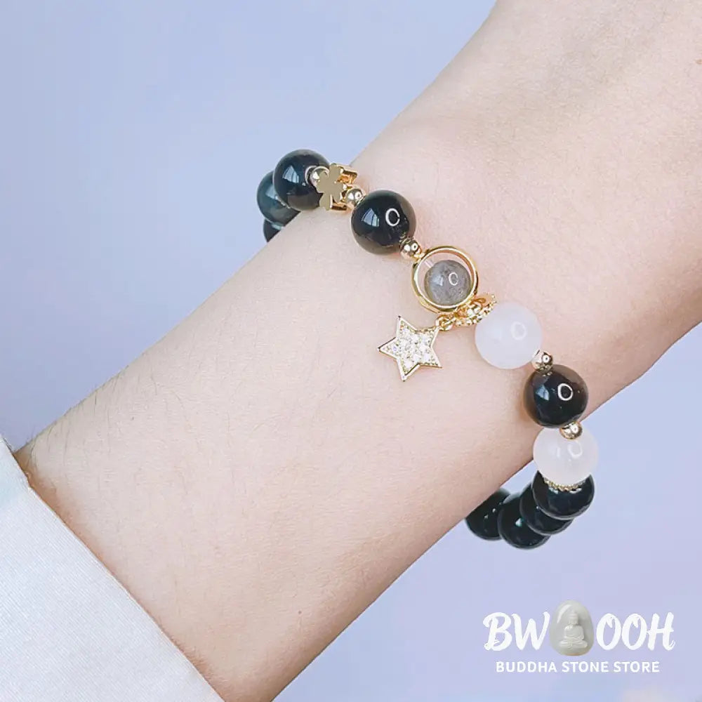 Buddha Stones Natural Silver Sheen Obsidian Love Heart Star Flower Protection Bracelet - BWOOOH - Bracelet