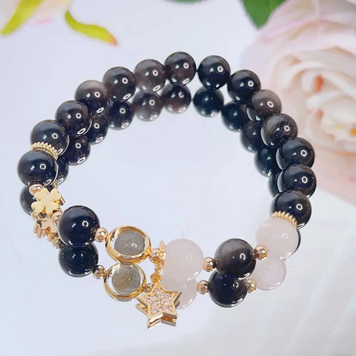 Buddha Stones Natural Silver Sheen Obsidian Love Heart Star Flower Protection Bracelet - BWOOOH - Silver Sheen