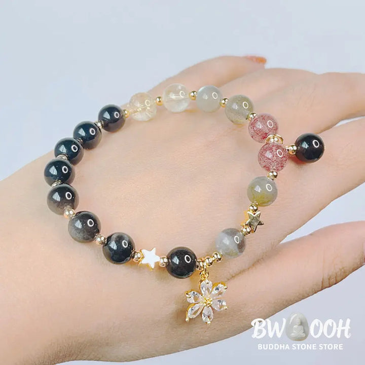 Buddha Stones Natural Silver Sheen Obsidian Love Heart Star Flower Protection Bracelet - BWOOOH - Bracelet
