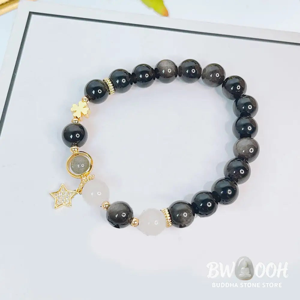 Buddha Stones Natural Silver Sheen Obsidian Love Heart Star Flower Protection Bracelet - BWOOOH - Bracelet