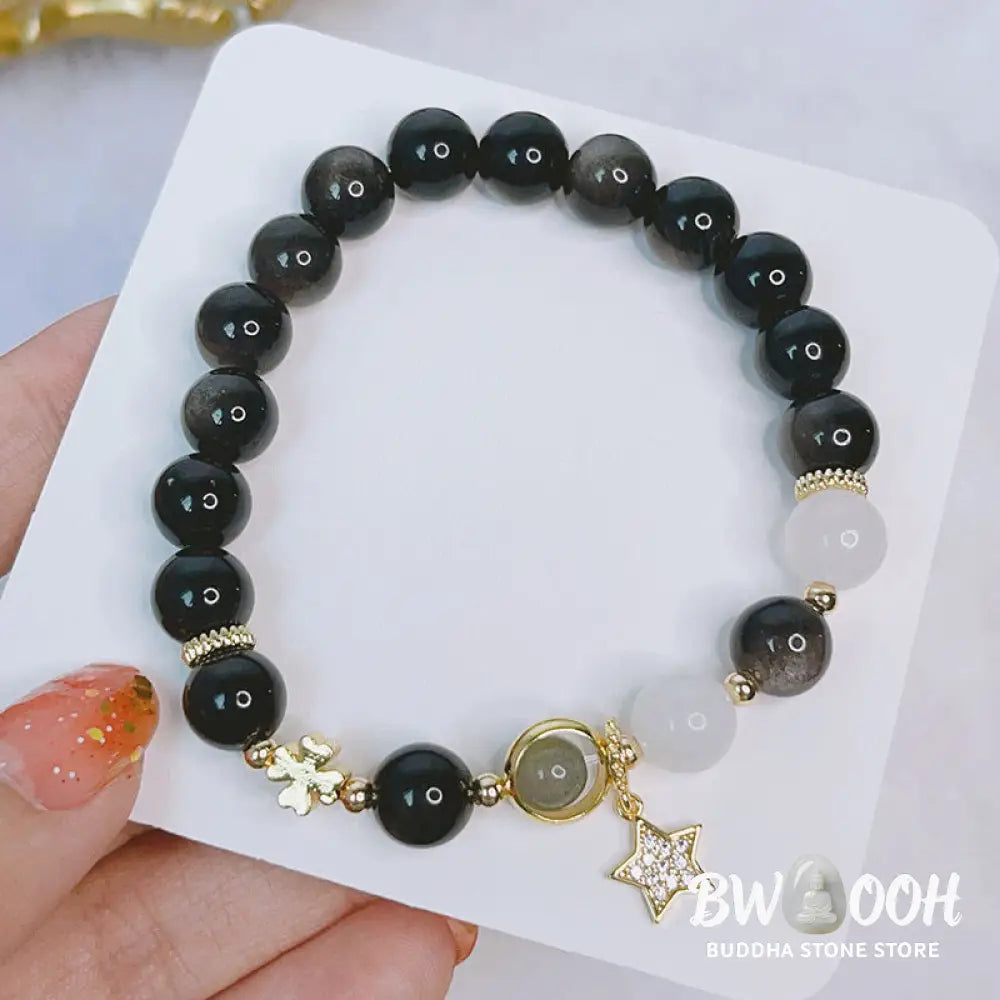 Buddha Stones Natural Silver Sheen Obsidian Love Heart Star Flower Protection Bracelet - BWOOOH - Bracelet