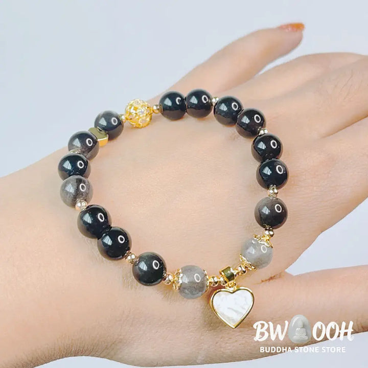 Buddha Stones Natural Silver Sheen Obsidian Love Heart Star Flower Protection Bracelet - BWOOOH - Bracelet