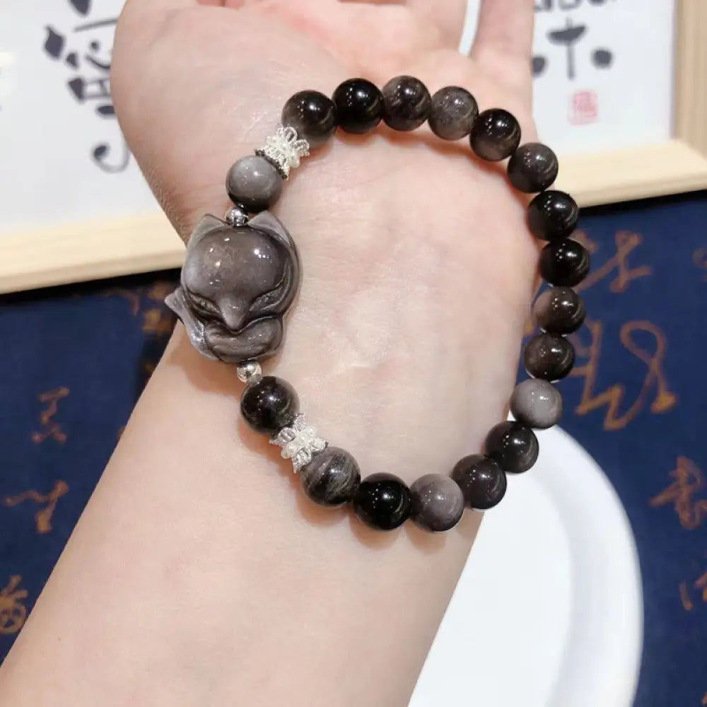 BWOOOH Natural Silver Sheen Obsidian Nine Tailed Fox Communication Bracelet - BWOOOH - Silver Sheen Obsidian
