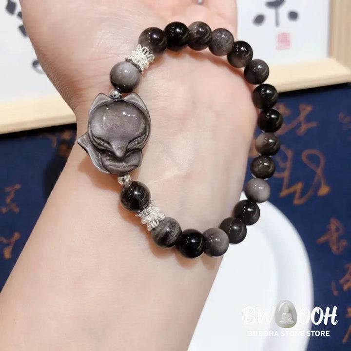 Buddha Stones Natural Silver Sheen Obsidian Nine Tailed Fox Communication Bracelet - BWOOOH - Silver Sheen Obsidian