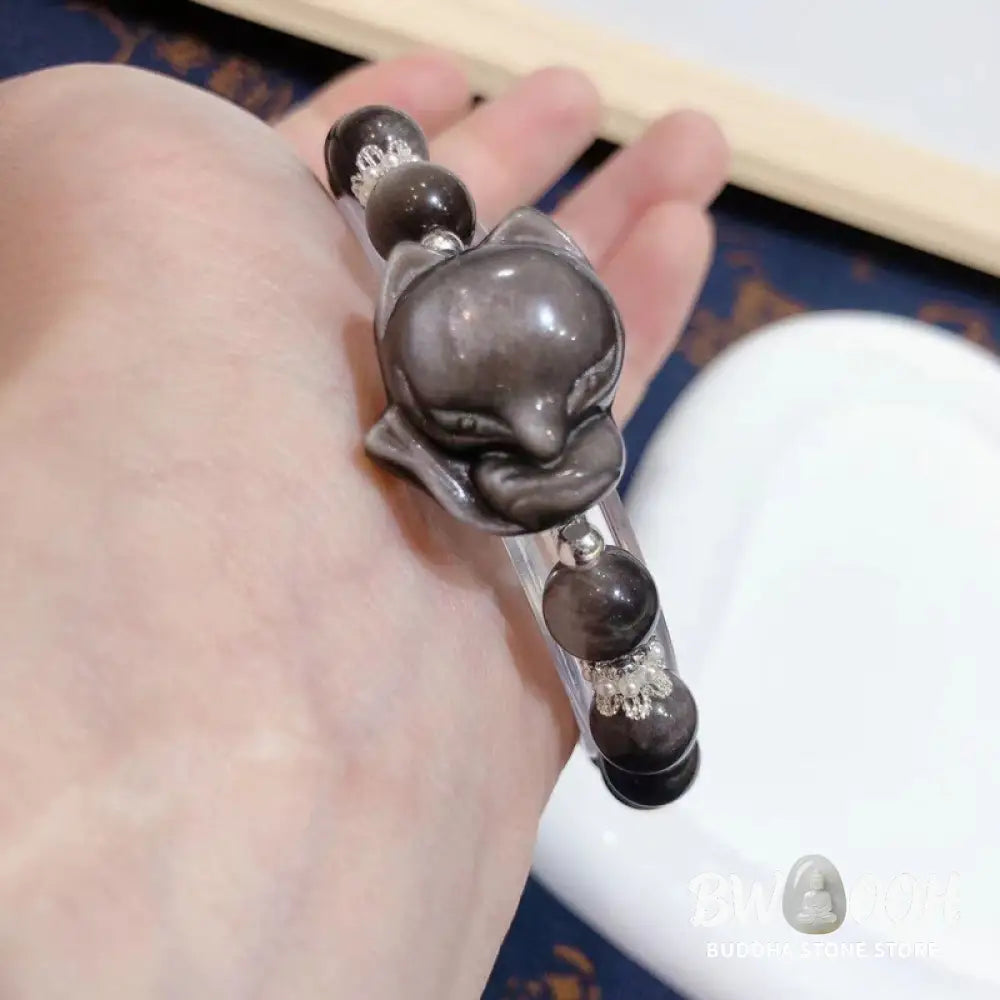 Buddha Stones Natural Silver Sheen Obsidian Nine Tailed Fox Communication Bracelet - BWOOOH - Silver Sheen Obsidian