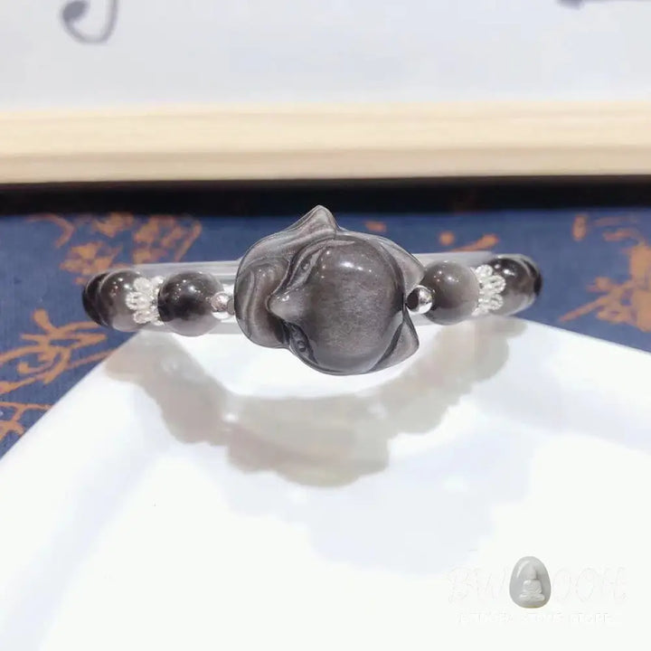 Buddha Stones Natural Silver Sheen Obsidian Nine Tailed Fox Communication Bracelet - BWOOOH - Silver Sheen Obsidian
