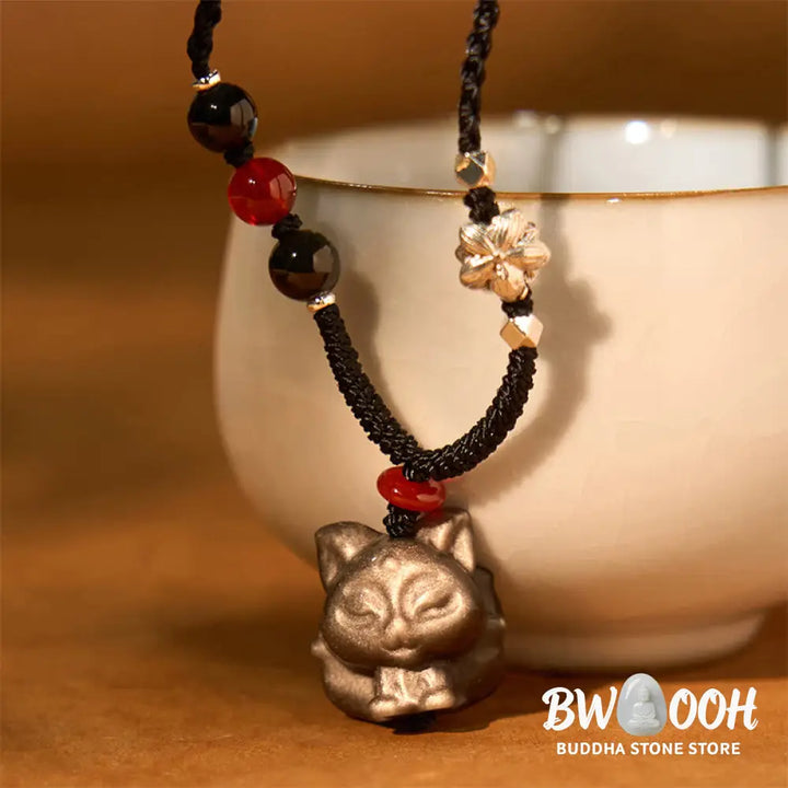 Buddha Stones Natural Silver Sheen Obsidian Nine Tailed Fox Protection Necklace Pendant - BWOOOH - Silver Sheen
