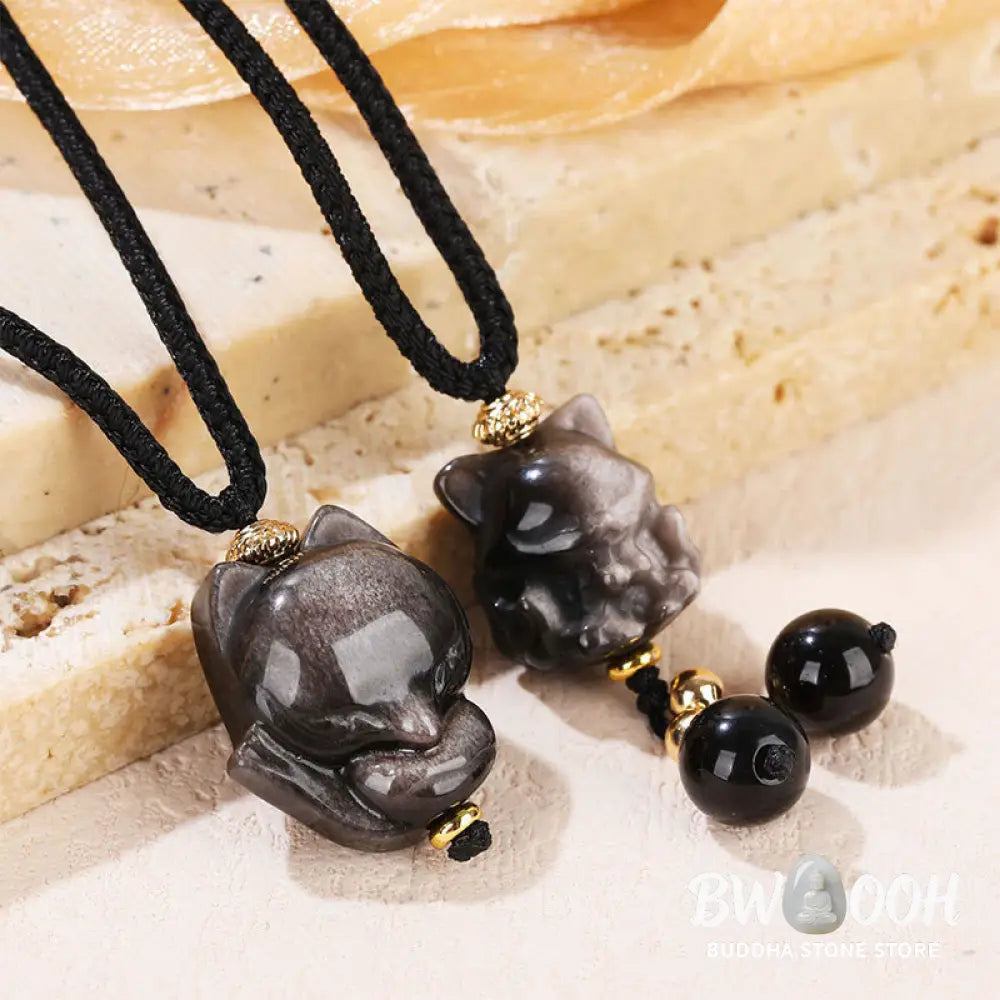 Buddha Stones Natural Silver Sheen Obsidian Nine Tailed Fox Protection Necklace Pendant - BWOOOH - Necklaces & Pendants