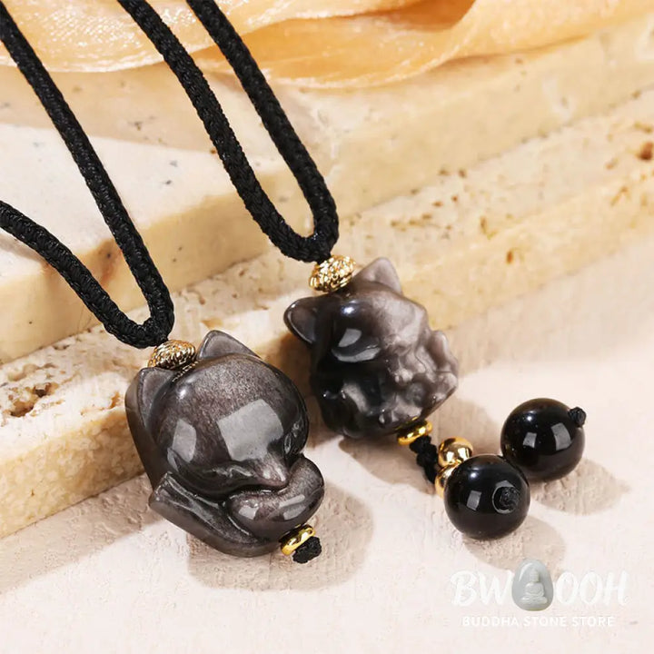 Buddha Stones Natural Silver Sheen Obsidian Nine Tailed Fox Protection Necklace Pendant - BWOOOH - Necklaces &amp; Pendants