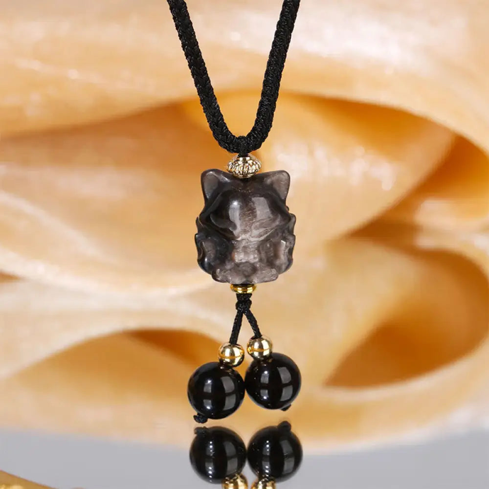 Buddha Stones Natural Silver Sheen Obsidian Nine Tailed Fox Protection Necklace Pendant - BWOOOH - Nine Tailed Fox