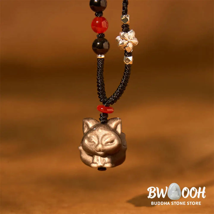 Buddha Stones Natural Silver Sheen Obsidian Nine Tailed Fox Protection Necklace Pendant - BWOOOH - Silver Sheen