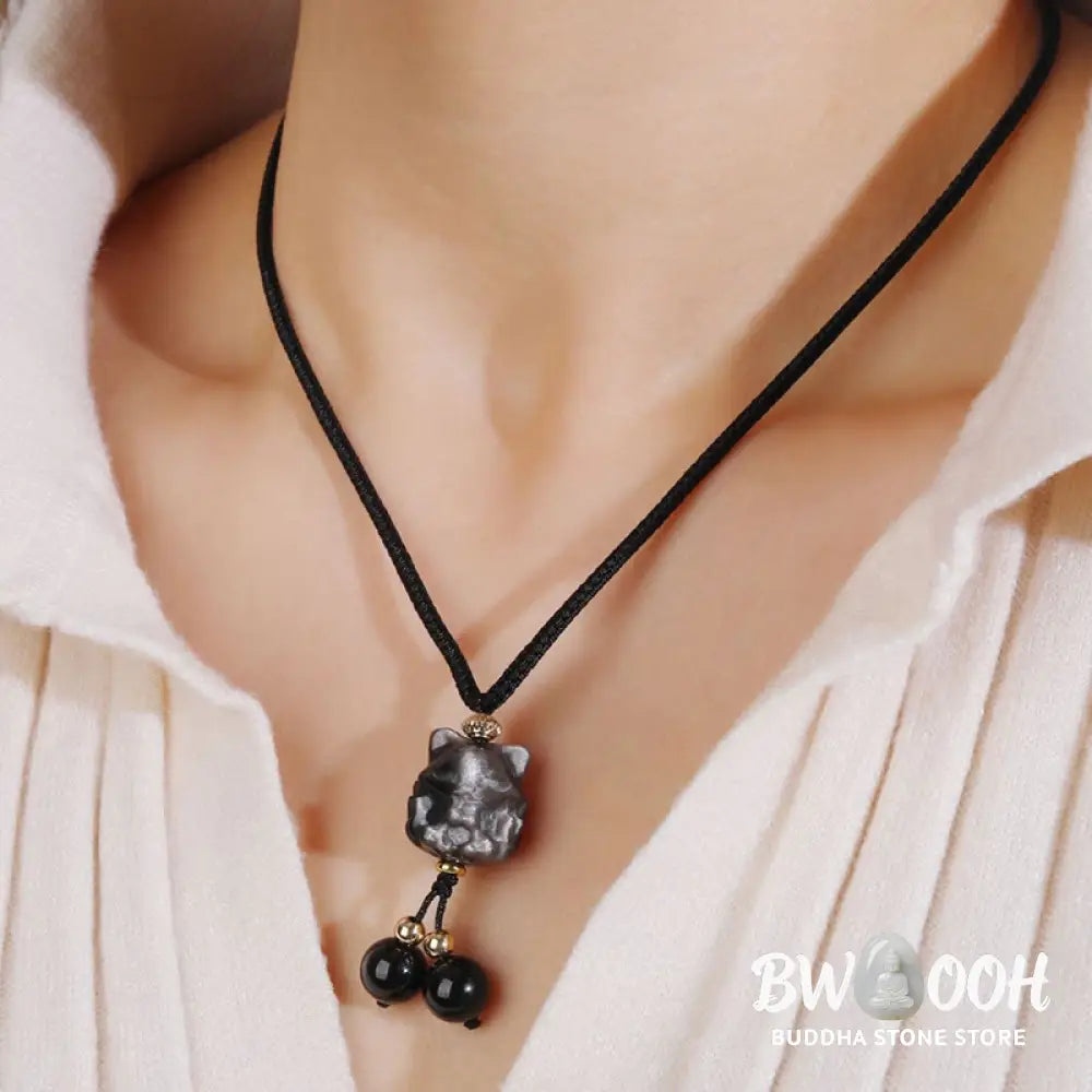 Buddha Stones Natural Silver Sheen Obsidian Nine Tailed Fox Protection Necklace Pendant - BWOOOH - Necklaces &amp; Pendants