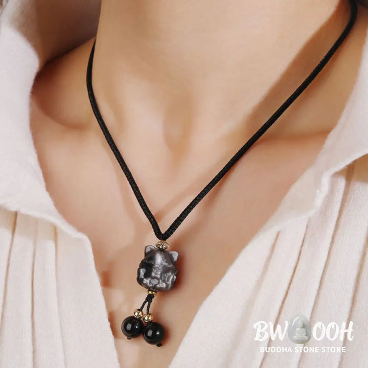 Buddha Stones Natural Silver Sheen Obsidian Nine Tailed Fox Protection Necklace Pendant - BWOOOH - Necklaces &amp; Pendants