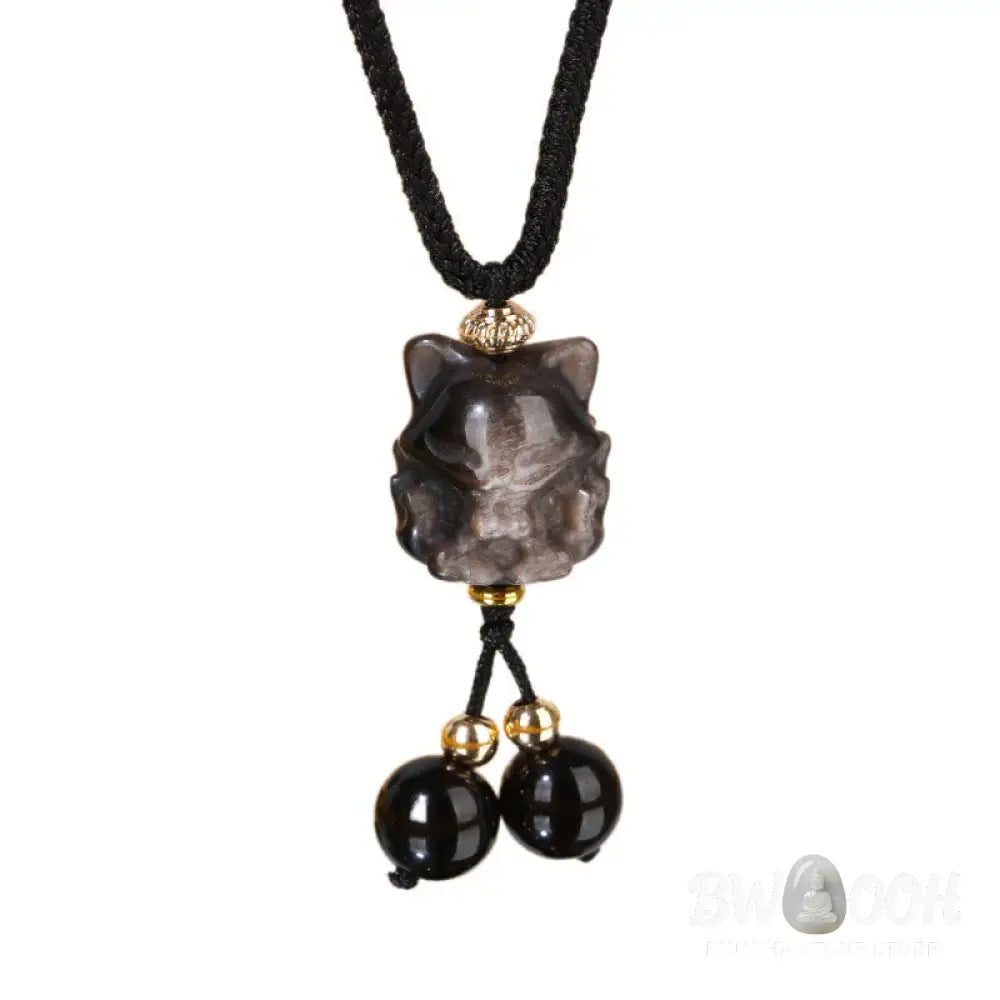 Buddha Stones Natural Silver Sheen Obsidian Nine Tailed Fox Protection Necklace Pendant - BWOOOH - Necklaces &amp; Pendants