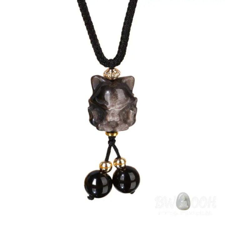 Buddha Stones Natural Silver Sheen Obsidian Nine Tailed Fox Protection Necklace Pendant - BWOOOH - Necklaces &amp; Pendants