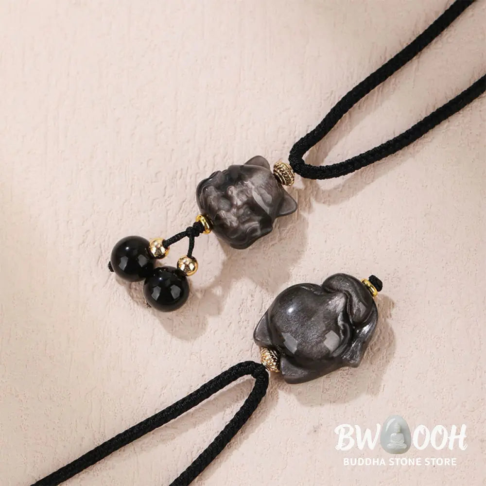 Buddha Stones Natural Silver Sheen Obsidian Nine Tailed Fox Protection Necklace Pendant - BWOOOH - Necklaces &amp; Pendants