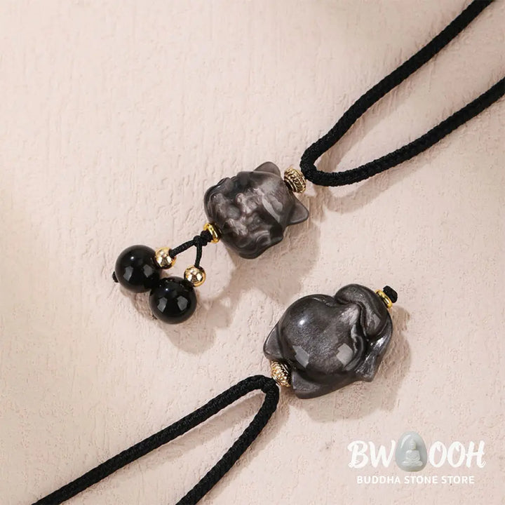 Buddha Stones Natural Silver Sheen Obsidian Nine Tailed Fox Protection Necklace Pendant - BWOOOH - Necklaces &amp; Pendants
