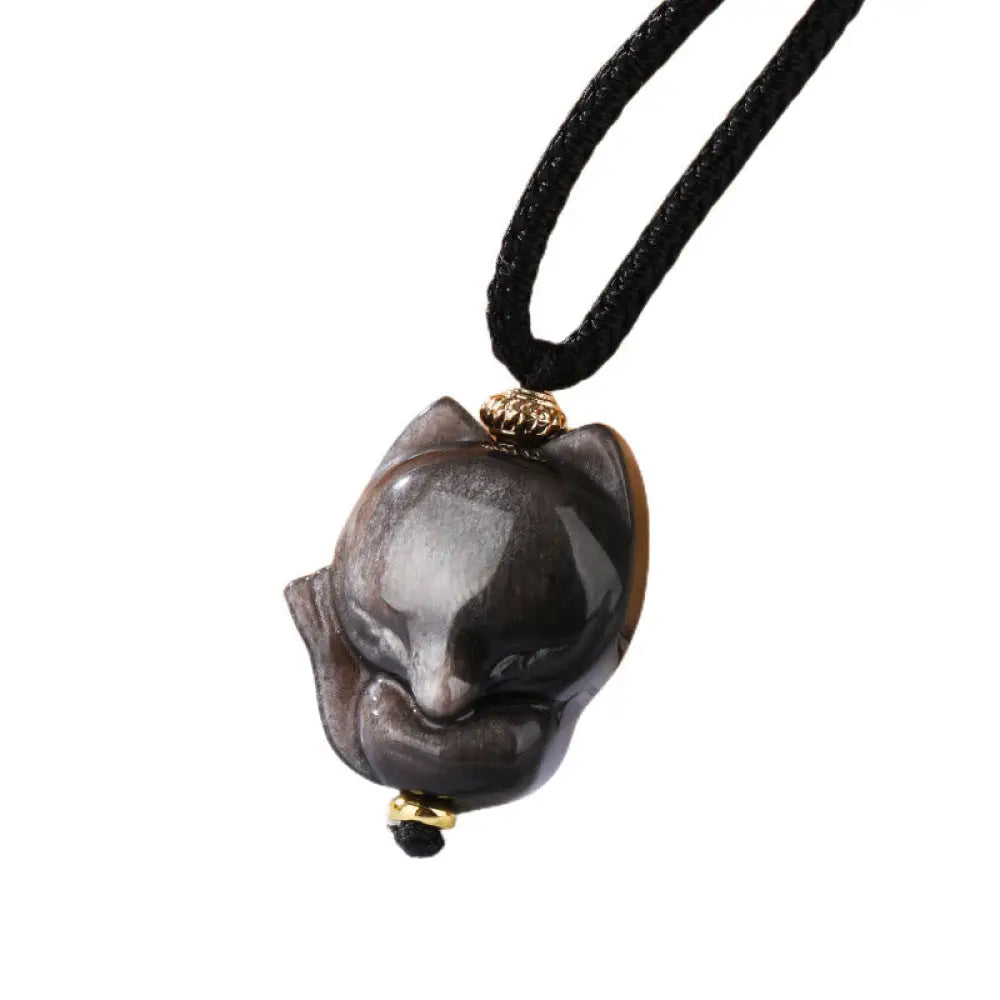 Buddha Stones Natural Silver Sheen Obsidian Nine Tailed Fox Protection Necklace Pendant - BWOOOH - Fox - Necklaces &amp;