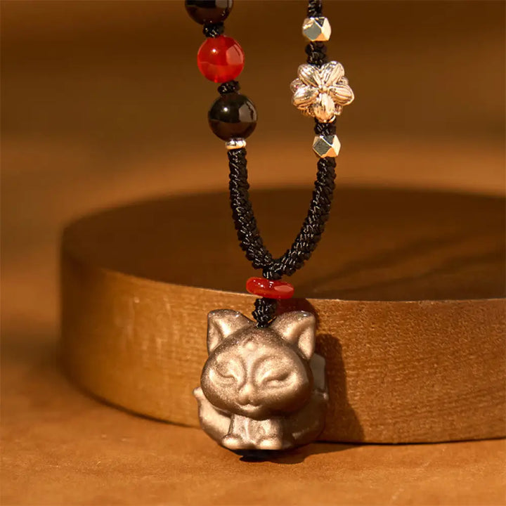 Buddha Stones Natural Silver Sheen Obsidian Nine Tailed Fox Protection Necklace Pendant - BWOOOH - Silver Sheen