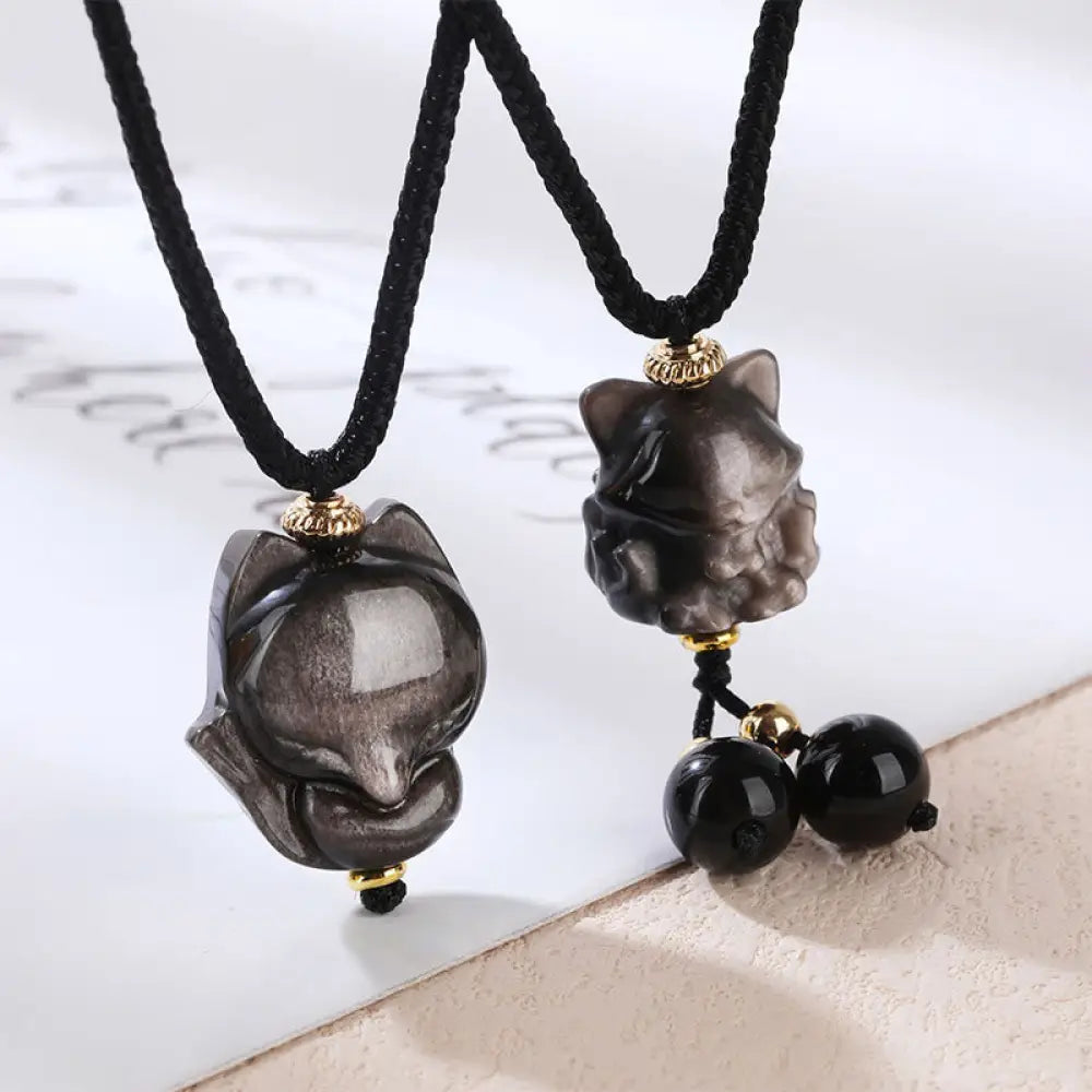 BWOOOH Natural Silver Sheen Obsidian Nine Tailed Fox Protection Necklace Pendant