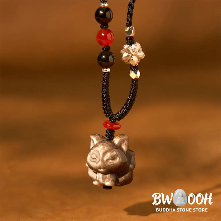 Buddha Stones Natural Silver Sheen Obsidian Nine Tailed Fox Protection Necklace Pendant - BWOOOH - Silver Sheen