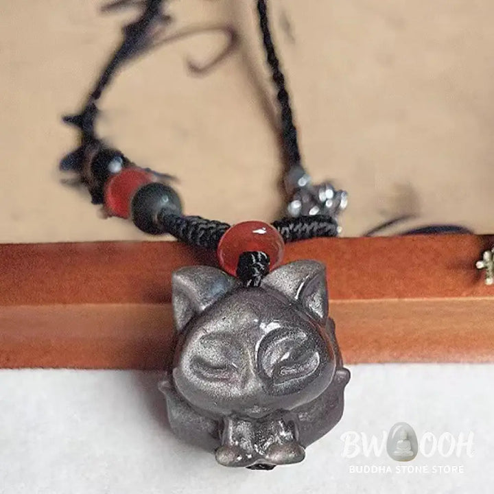 Buddha Stones Natural Silver Sheen Obsidian Nine Tailed Fox Protection Necklace Pendant - BWOOOH - Silver Sheen