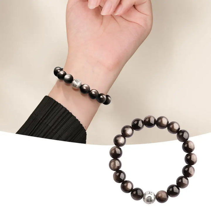Buddha Stones Natural Silver Sheen Obsidian Om Mani Padme Hum Protection Bracelet - BWOOOH - 10mm - Bracelet