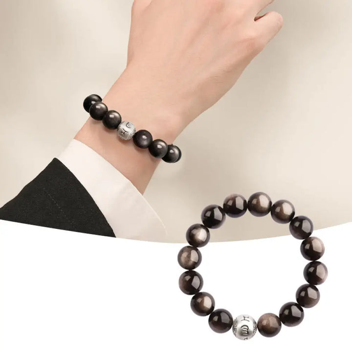 Buddha Stones Natural Silver Sheen Obsidian Om Mani Padme Hum Protection Bracelet - BWOOOH - 12mm - Bracelet