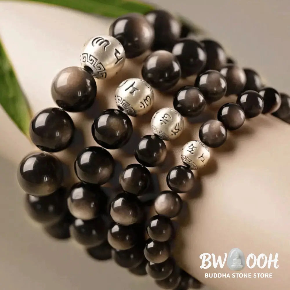 Buddha Stones Natural Silver Sheen Obsidian Om Mani Padme Hum Protection Bracelet - BWOOOH - Bracelet