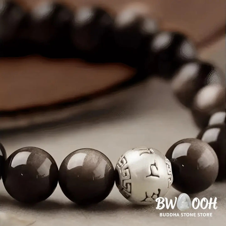 Buddha Stones Natural Silver Sheen Obsidian Om Mani Padme Hum Protection Bracelet - BWOOOH - Bracelet