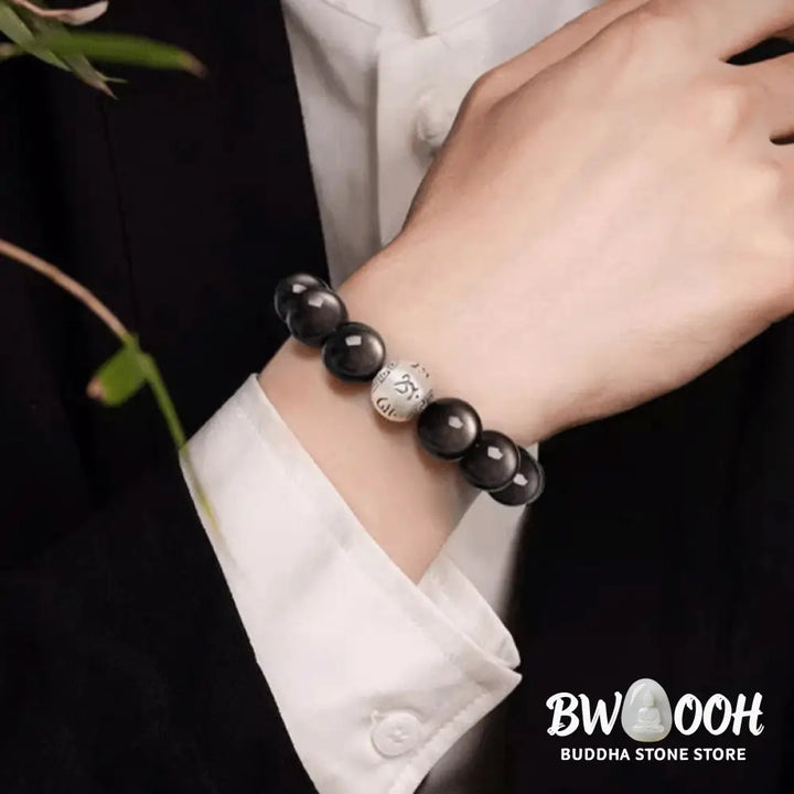 Buddha Stones Natural Silver Sheen Obsidian Om Mani Padme Hum Protection Bracelet - BWOOOH - Bracelet