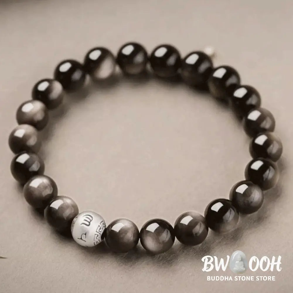 Buddha Stones Natural Silver Sheen Obsidian Om Mani Padme Hum Protection Bracelet - BWOOOH - Bracelet