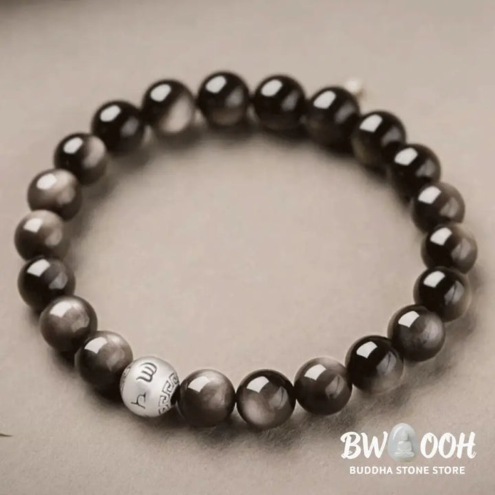 Buddha Stones Natural Silver Sheen Obsidian Om Mani Padme Hum Protection Bracelet - BWOOOH - Bracelet