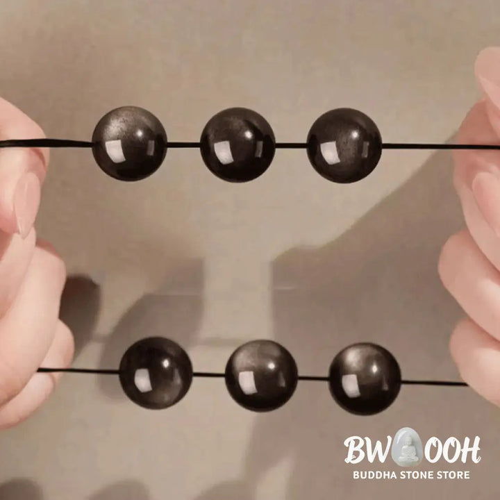 Buddha Stones Natural Silver Sheen Obsidian Om Mani Padme Hum Protection Bracelet - BWOOOH - Bracelet