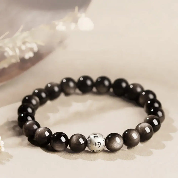 BWOOOH Natural Silver Sheen Obsidian Om Mani Padme Hum Protection Bracelet — Obsidian black obsidian bracelet for spiritua...