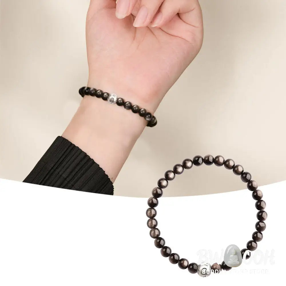 Buddha Stones Natural Silver Sheen Obsidian Om Mani Padme Hum Protection Bracelet - BWOOOH - Bracelet