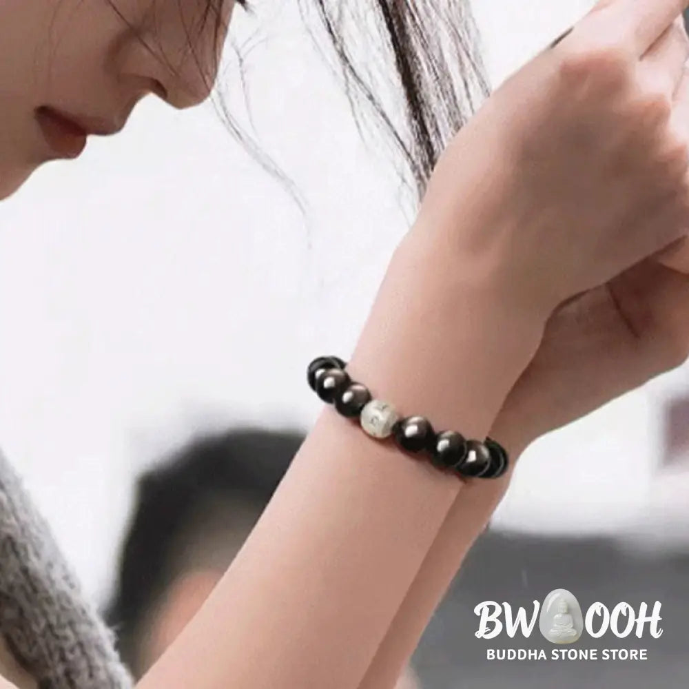 Buddha Stones Natural Silver Sheen Obsidian Om Mani Padme Hum Protection Bracelet - BWOOOH - Bracelet